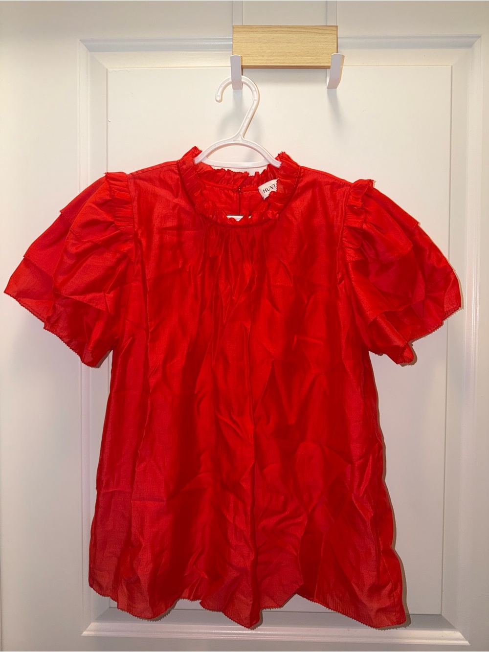 HUNTER BELL Red Ruffle Neck Puff Sleeve Top